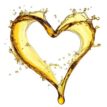 Oil splashes forming a heart shape, depicted in either olive or engine oil, isolated on a white background