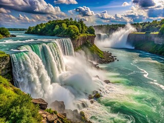 * A breathtaking waterfall cascades over the cliff, as a spray of the North American Niagara Falls gushes and swirls in a mesmerizing display of power and beauty.