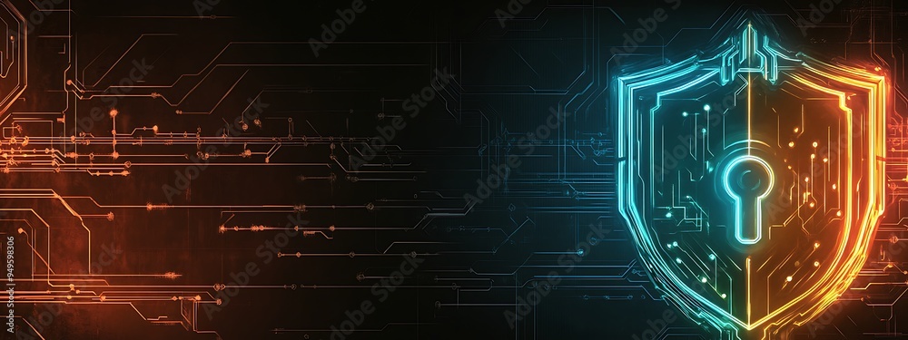 Poster Glowing Shield with Keyhole on Circuit Board