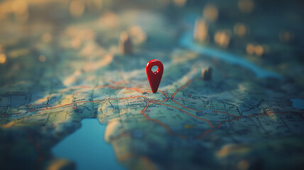 A vibrant illustration of a map highlighting a location with a red pin near water surrounded by urban areas during twilight