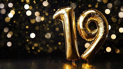 A festive scene featuring two shiny golden foil balloons shaped the number 19 against a bright black background. 