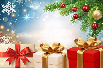 Three festive gift boxes with gold and red bows, set against a wintery background with snowflakes and Christmas ornaments, evoking a holiday spirit
