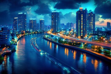 Obraz premium Nighttime Cityscape with River and Light Trails