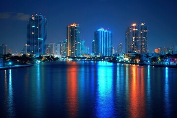 Naklejka premium Illuminated Skyscrapers Reflecting in Calm Water at Night