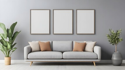 picture frame mock-up in the interior of a modern living room on a grey wall with a sofa and a plant in a vase
