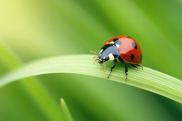 Fototapeta premium Ladybug on a Green Leaf in a Garden