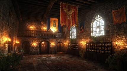 Fototapeta premium Medieval castle interior, grand halls, armor displays, and flickering torches, 3D game design