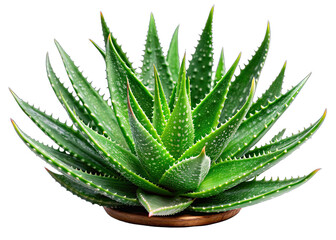 Fototapeta premium An isolated image of a single aloe vera plant with green, spiky leaves against a white background