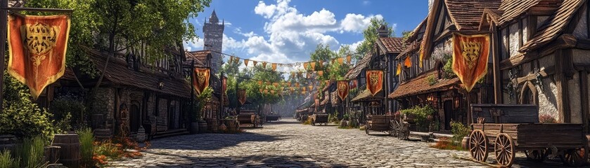 Obraz premium Medieval village square, cobblestone paths, wooden carts, and vibrant banners, 3D game design
