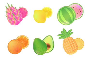 Fresh fruits vector set with oranges, watermelon, lemons, dragon fruit, ananas, avocado. Healthy elements isolated, white background. Exotic food decoration with glowing texture.