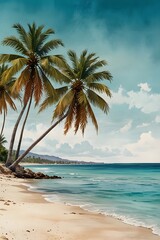 Fototapeta premium Mexican beach with palm trees and turquoise water in watercolor style