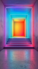 Fototapeta premium Geometric neonlit podium, vibrant hues, high contrast, bold and conceptual design, 3D render