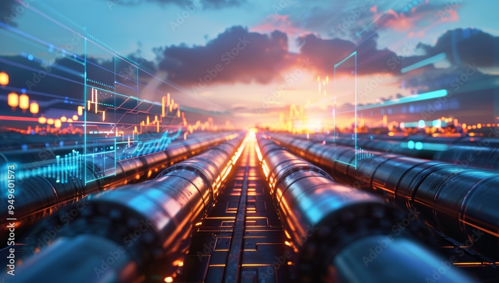 Poster pipelines and data flow at sunset