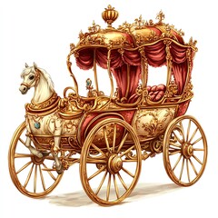 Fototapeta premium A royal carriage clipart, fairytale transportation, hand-drawn style, with golden details and horses, isolated on white background