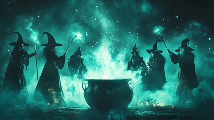 A group of witches casting spells around a cauldron