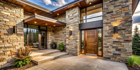a photo image of a rustic stone veneer exterior wall with weathered texture and natural coloration surrounding a spacious modern entrance