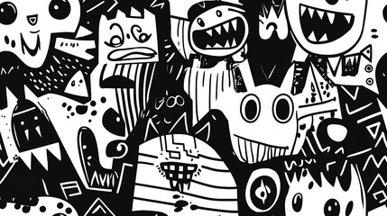 Black and White Hand-Drawn Cartoon Creatures