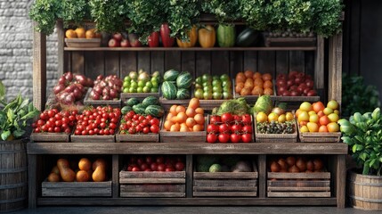 Realistic fruit and vegetable market stall, various produce textures, 3D model