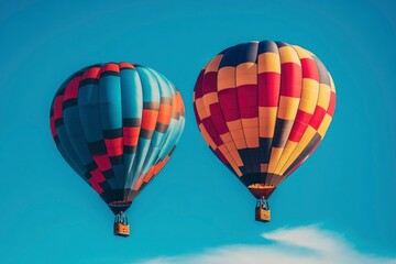 Fototapeta premium Two Colorful Hot Air Balloons Soaring in a Clear Blue Sky