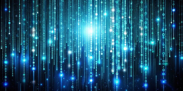 High-definition photo of a science-themed digital code matrix, featuring a complex web of data streams and bright codes floating in a dark virtual space