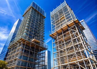 a photo image of a pair of steel scaffolding towers standing adjacent to a modern skyscraper under construction