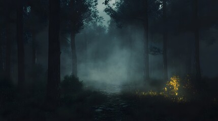 Fototapeta premium A dark forest with a spooky, glowing mist rising from the ground