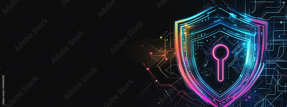 Poster neon shield with keyhole on circuit board
