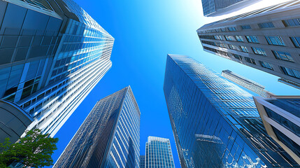 Fototapeta premium Dynamic city skyline with modern skyscrapers representing a thriving business district, showcasing economic growth and opportunities under a clear blue sky