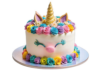 A unicorn birthday cake with colorful frosting and floral accents, cute unicorn cake for kids.