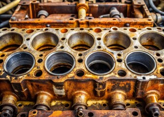 a photo image of a vehicle engine's cylinder head with worn-out head gaskets, rusty and corroded evidence of poor engine maintenance