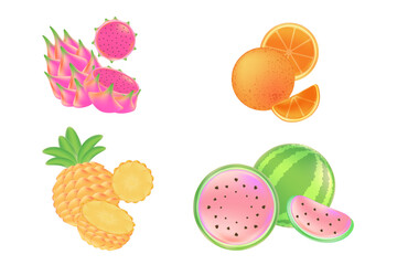 Fresh fruits vector set with oranges, watermelon, dragon fruit, ananas. Healthy eating elements isolated, white background. Exotic food decoration with glowing texture for web, presentation, poster