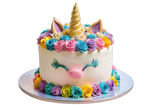 A unicorn birthday cake with colorful frosting and floral accents, cute unicorn cake for kids.