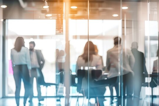Corporate Meeting Behind Glass Wall Blurred Abstract Abstract of a corporate team meeting in an glass office conference room.