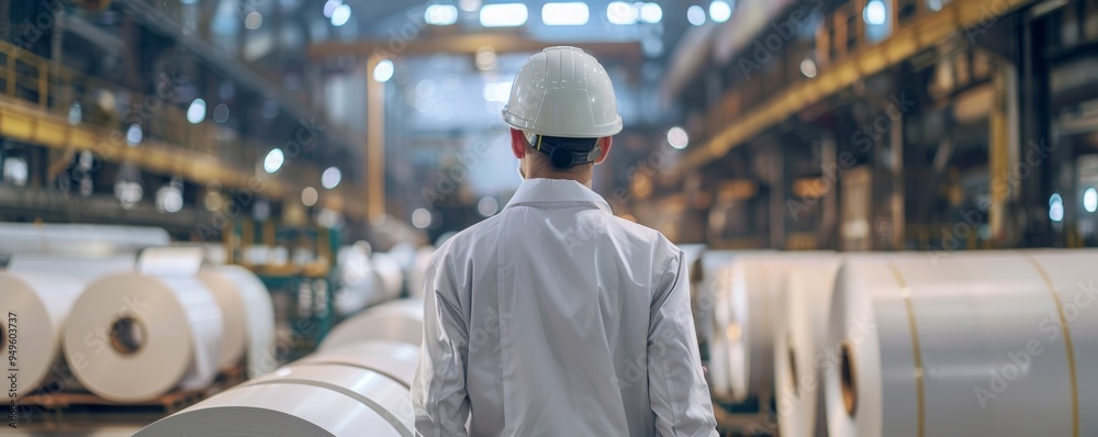 Poster a worker in a white hardhat stands among large rolls of paper in a factory