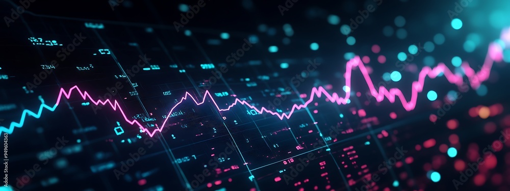 Aufkleber A Neon Pink Line Chart on a Digital Display with Blue and Red Data Points