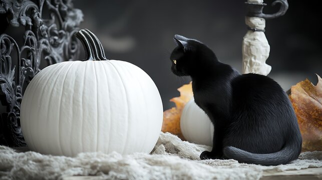Black Cat and White Pumpkin Halloween Decor: A black cat stares intently at a large white pumpkin, creating a striking contrast against the backdrop of spooky Halloween decorations. Perfect for a spoo