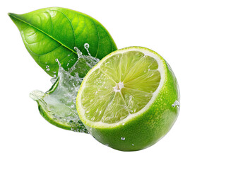 A fresh green lemon with leaves is sliced in half, with water splashing around it. The lemon is isolated on a white background