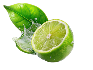 A fresh green lemon with leaves is sliced in half, with water splashing around it. The lemon is isolated on a white background