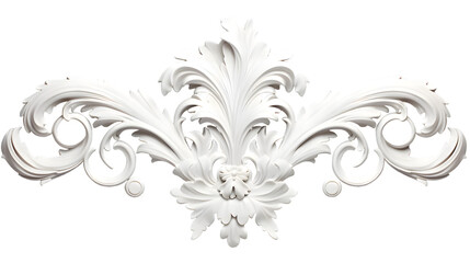  3D illustration of white decorative relief beautiful detailed ornament with acanthus leaves decoration in baroque style isolated on transparent background