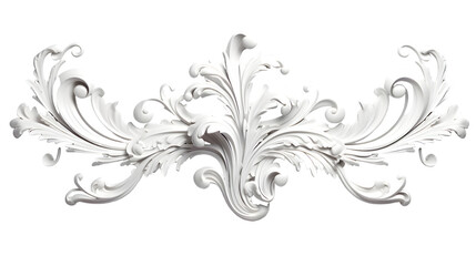  3D illustration of white decorative relief beautiful detailed ornament with acanthus leaves decoration in baroque style isolated on transparent background