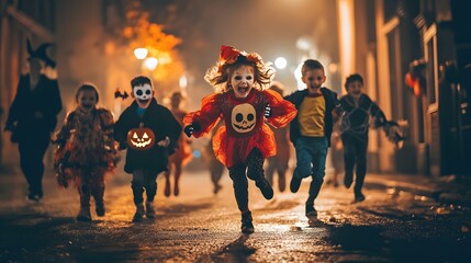 A group of children in Halloween costumes running through a dark street