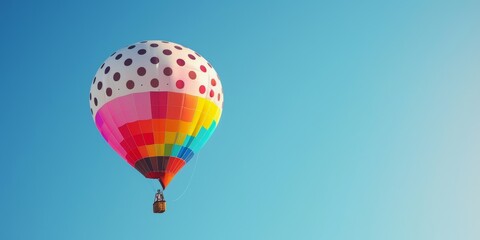 Colorful Hot Air Balloon with Black Polka Dots Soaring in a Blue Sky