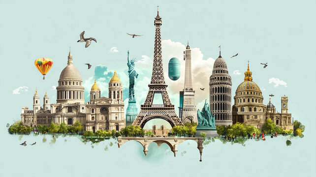A vibrant collage of iconic landmarks celebrating global architecture with historical significance and artistic flair