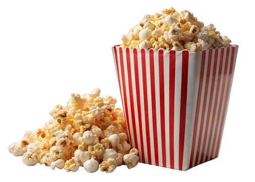 recommend clip art: A red and white striped popcorn box sits next to a pile of spilled popcorn, isolated against a white background