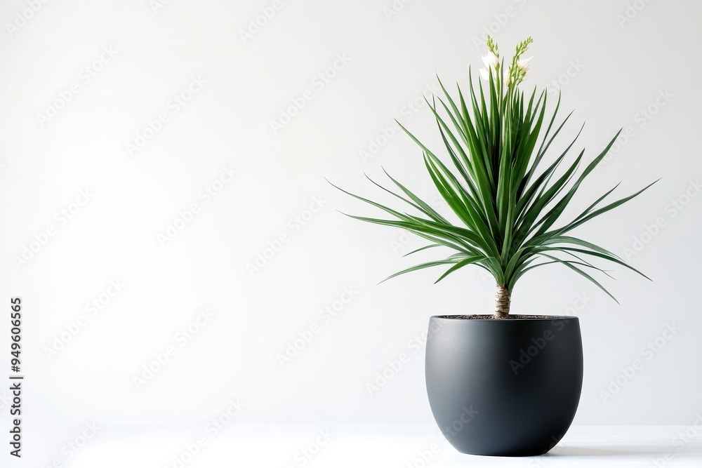 Wall mural A potted plant with long green leaves and small white flowers against a minimalistic background.