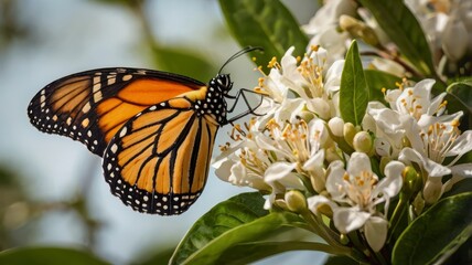 Obraz premium Monarch butterfly on orange blossom, side view