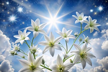 a photo image of delicate white flowers with intricate star-shaped centers and stepped petals surrounded by swirling white clouds