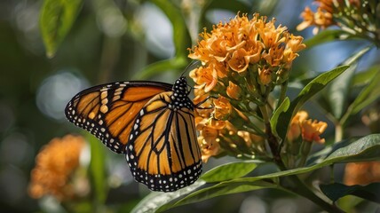 Obraz premium Monarch butterfly perched on orange blossom, side angle