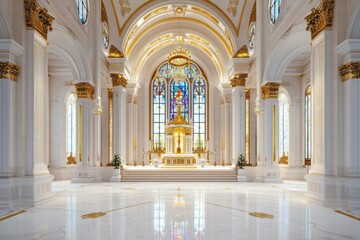 Fototapeta premium luxurious palace chapel featuring stained glass windows, golden altars, and classical architecture