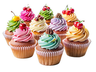 A close-up image of eight cupcakes with colorful frosting and fresh cherries, arranged on a white background